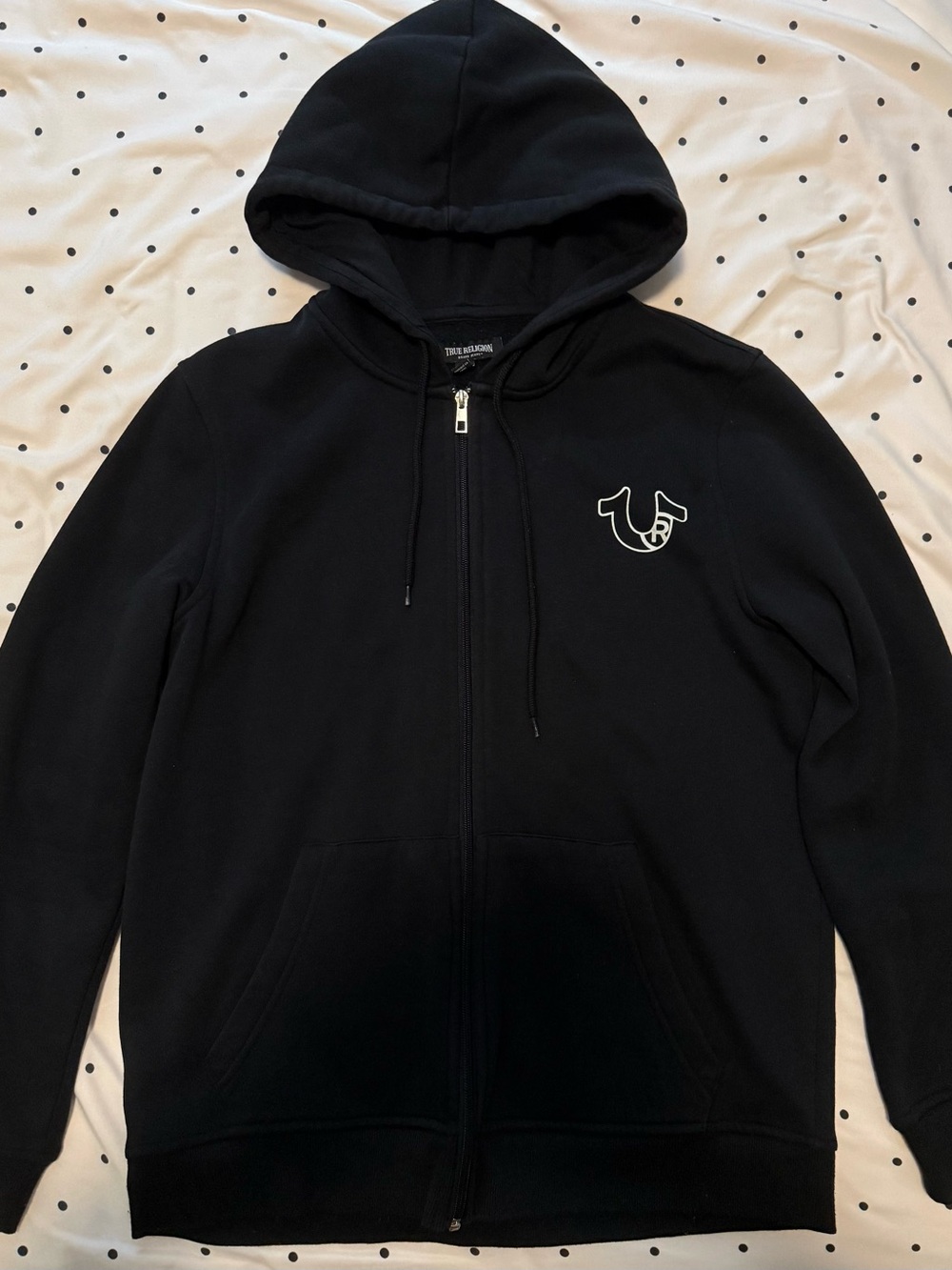 True Religion Black Zip-Up Hoodie with White Logo